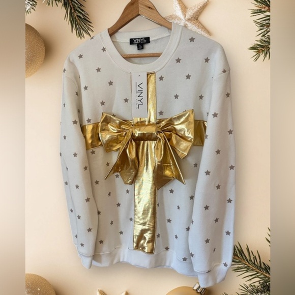 VINYL Holiday Christmas Sweatshirt Women’s Large White Gold Bow Ugly Sweater - Picture 1 of 7